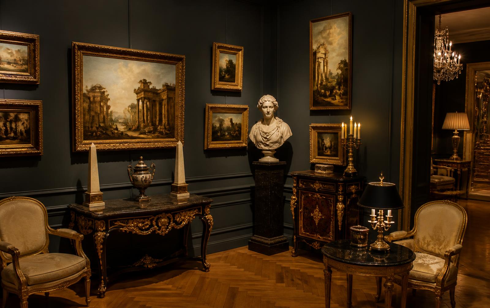 Salon de la galerie La Reine Antiquités à Neuilly-sur-Seine, meubles dorés et tableaux anciens